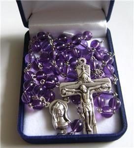 NATURAL AMETHYST BEADS ROSE ROSARY & CROSS NECKLACE  