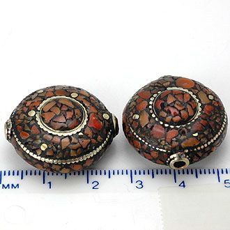 HIZE TBE17 CORAL INLAID BRASS TIBETAN 2 FOCAL COIN Beads 24mm  