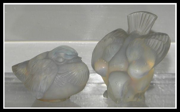 Unusual Pair of Antique Signed French Opalescent Glass Bird Figurines 