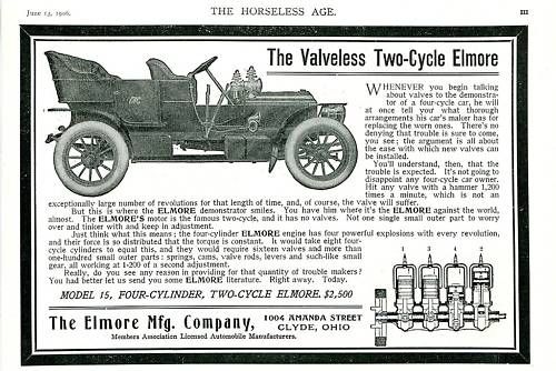 1906 ELMORE Valveless 2 Cycle Model 15 CAR AD. Clyde OH  