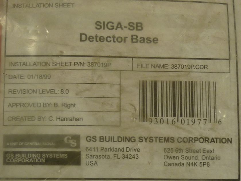 Edwards Smoke Detector Base SIGA SB  NEW   