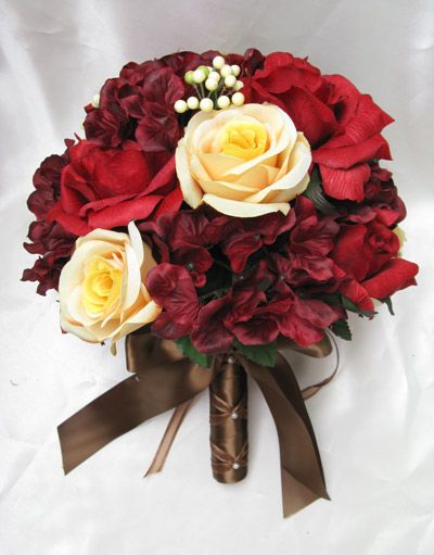 17 pc Bridal Bouquet wedding flowers APPLE RED FALL  