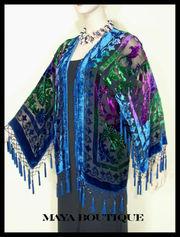   Fringe Jacket Kimono Short Hand Dyed Teal Blue Purples NEW  