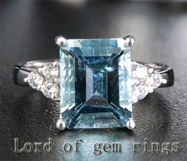   Cut Aquamarine .21ct Diamond 14K White Gold Engagement Ring 7#  