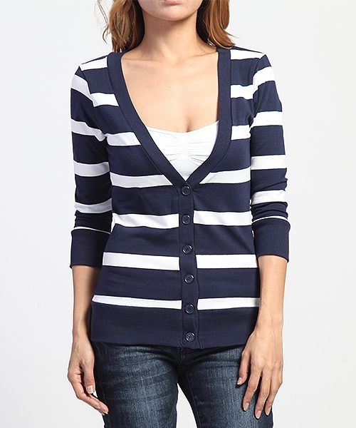 MOGAN Bold Stripe Cozy 3/4 Sleeve CARDIGAN Button Up V neck Fitted Tee 