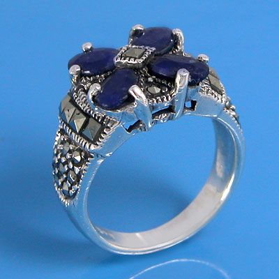925 Sterling Silver Natural Marcasite and Natural Blue Sapphire Ring 